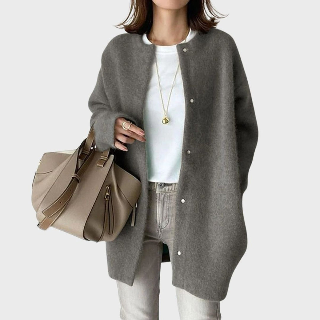 Damen Oversized Kaschmir Cardigan mit Druckknöpfen - Grau