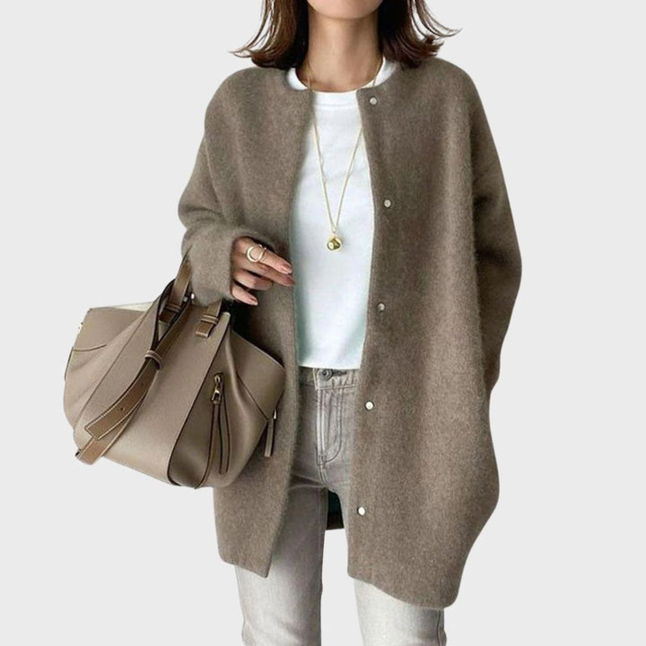 Damen Oversized Kaschmir Cardigan mit Druckknöpfen - Kaffeebraun