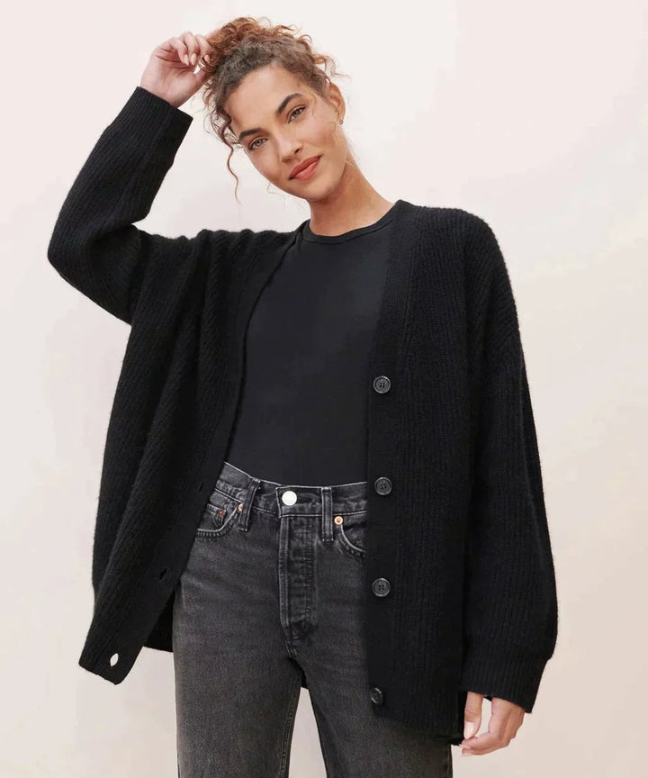 Damen Oversized Kaschmir V-Ausschnitt Cardigan - Schwarz