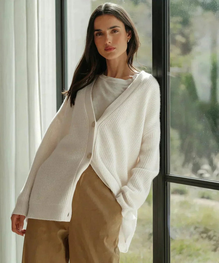 Damen Oversized Kaschmir V-Ausschnitt Cardigan - Weiß