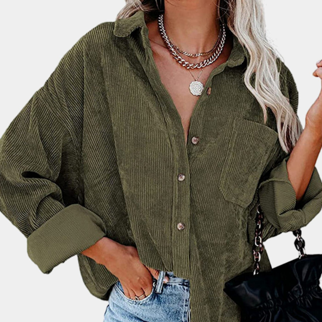 Damen Oversized Kordjacke mit Brusttasche und Knopfleiste - Grün