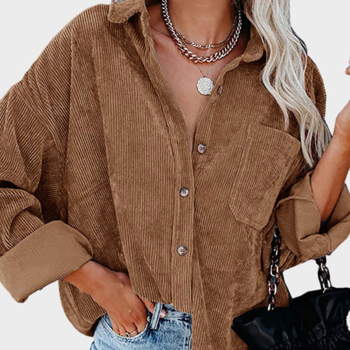 Damen Oversized Kordjacke mit Brusttasche und Knopfleiste - Braun