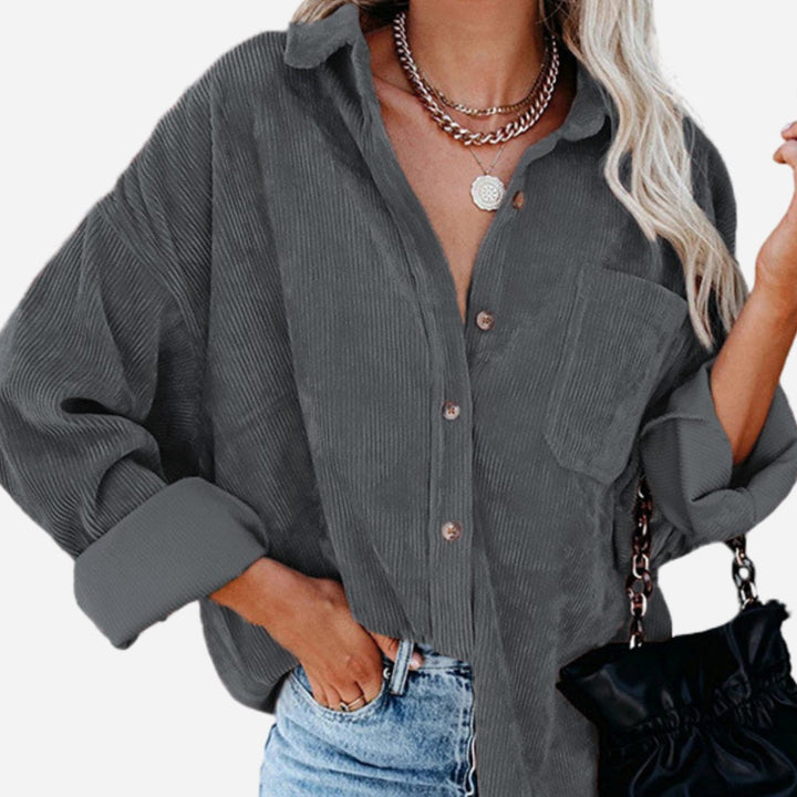 Damen Oversized Kordjacke mit Brusttasche und Knopfleiste - Grau