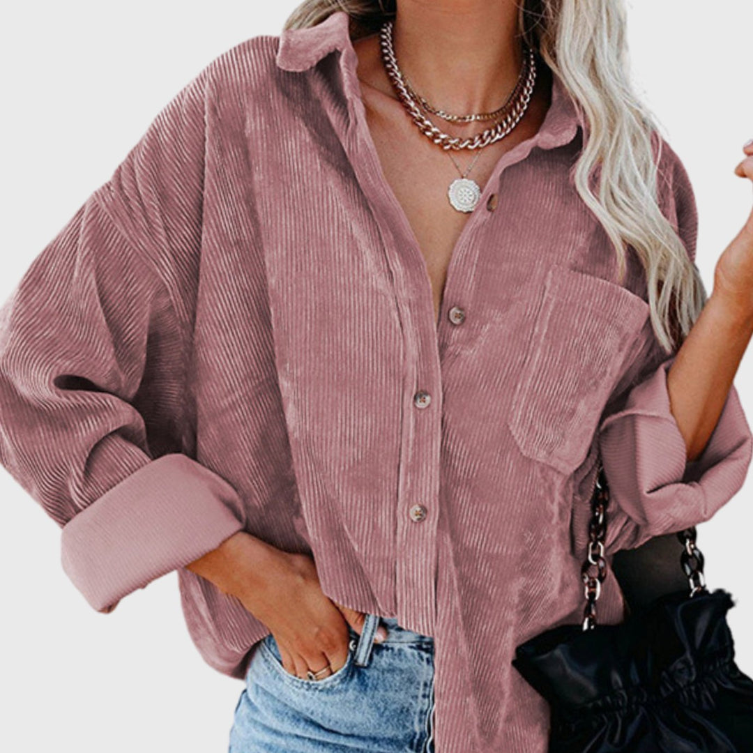 Damen Oversized Kordjacke mit Brusttasche und Knopfleiste - Rosa
