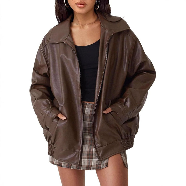 Damen Oversized Kunstleder Bomber Lederjacke mit Reißverschluss