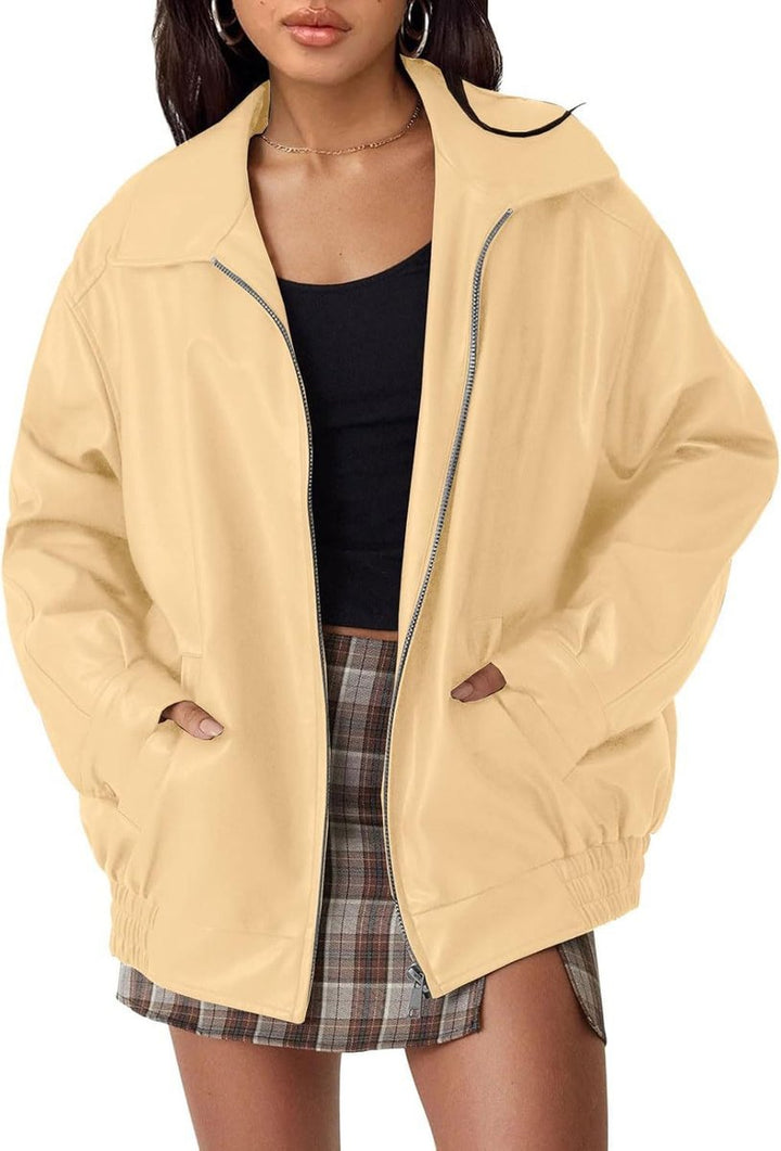 Damen Oversized Kunstleder Bomber Lederjacke mit Reißverschluss - Aprikose