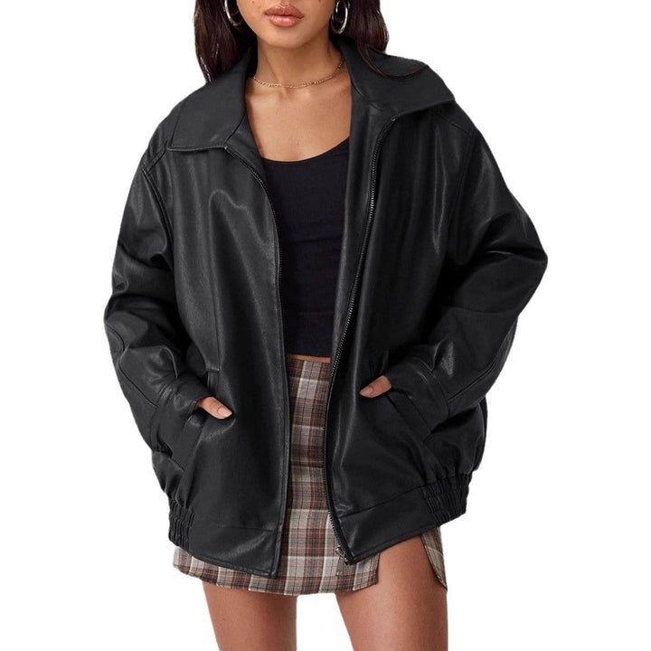 Damen Oversized Kunstleder Bomber Lederjacke mit Reißverschluss