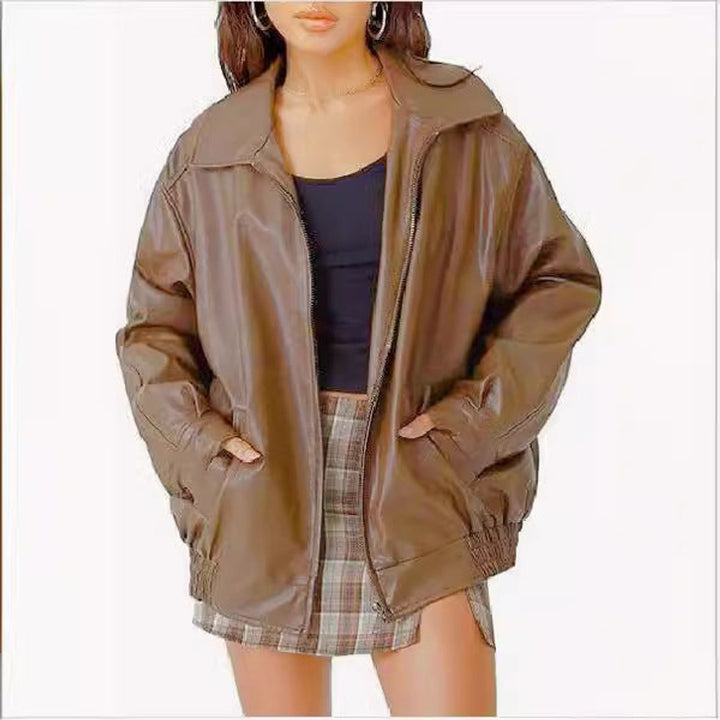 Damen Oversized Kunstleder Bomber Lederjacke mit Reißverschluss - Kamel