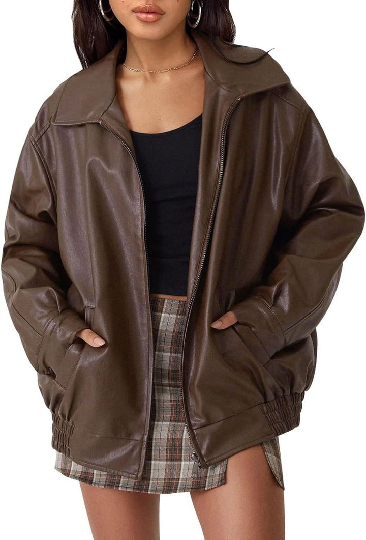 Damen Oversized Kunstleder Bomber Lederjacke mit Reißverschluss - Dunkelbraun