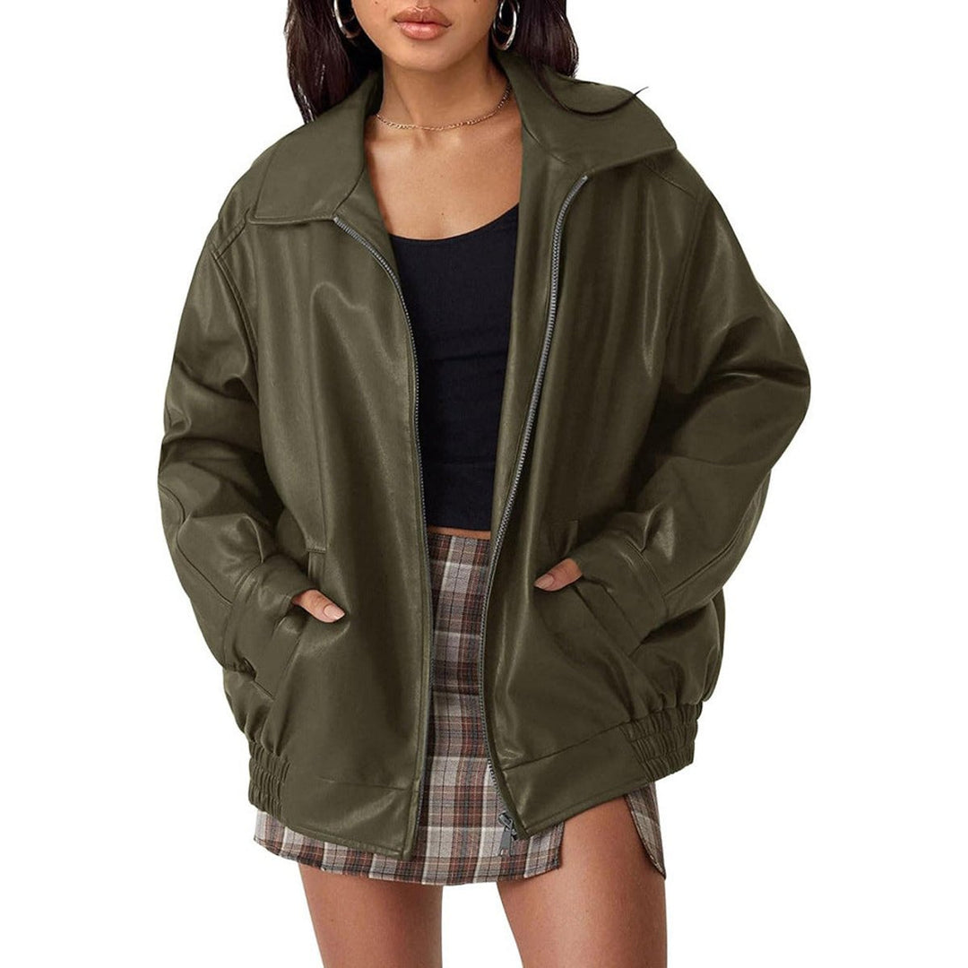 Damen Oversized Kunstleder Bomber Lederjacke mit Reißverschluss - Olivgrün