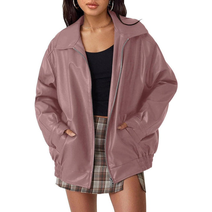 Damen Oversized Kunstleder Bomber Lederjacke mit Reißverschluss - Tiefes Rosa