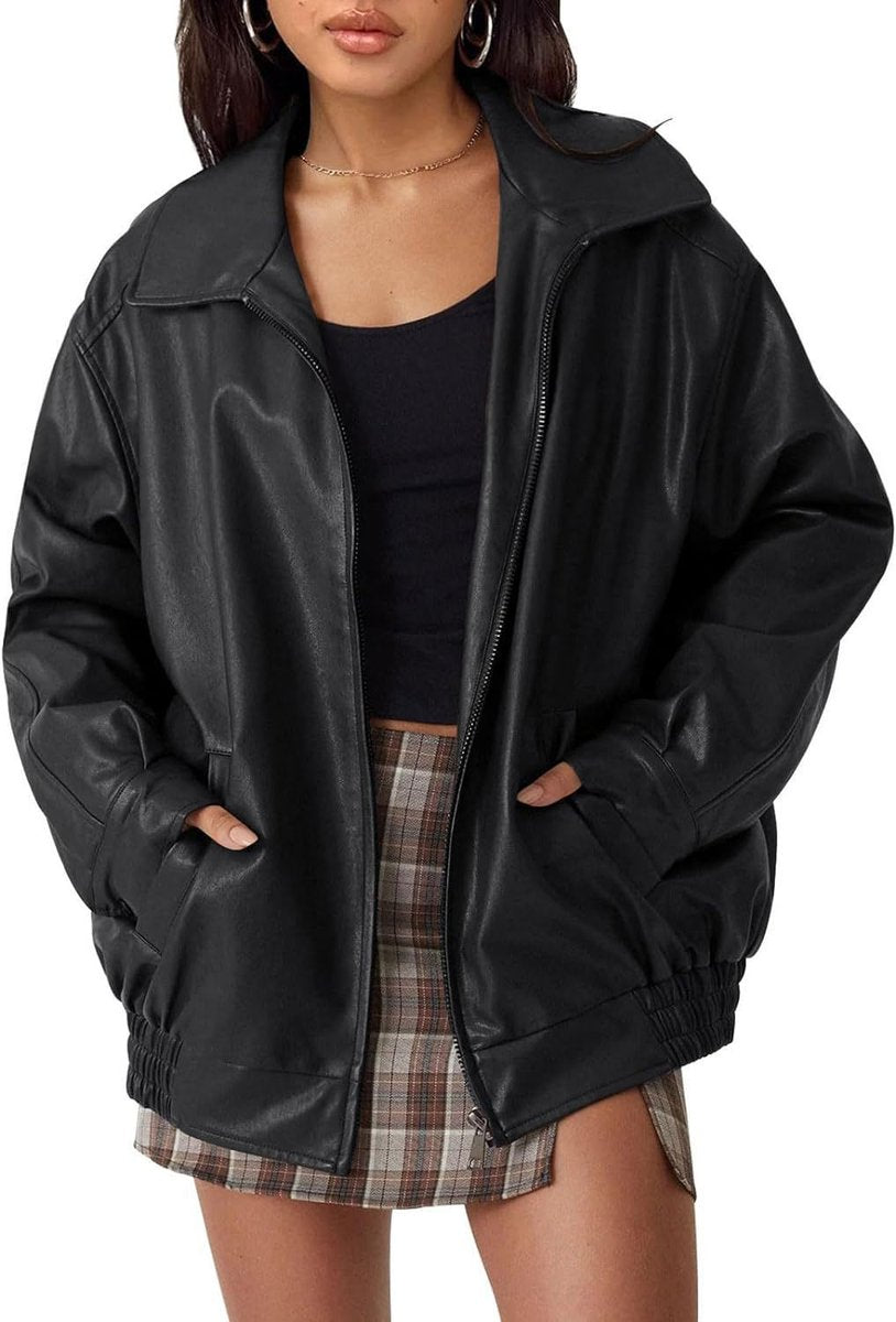 Damen Oversized Kunstleder Bomber Lederjacke mit Reißverschluss - Schwarz