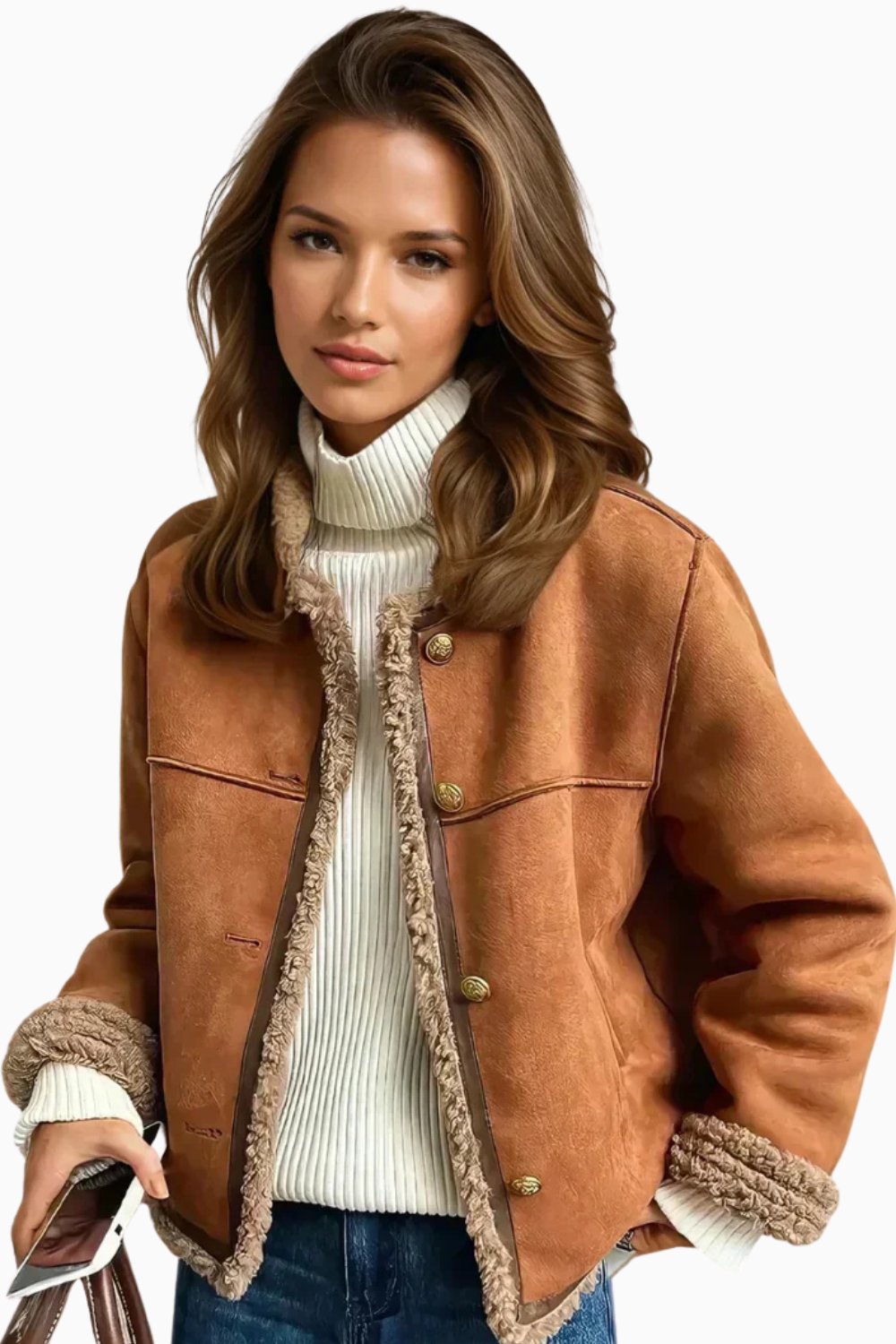 Damen Oversized Kunstschaffell-Jacke mit Knopfleiste Sherpa-Futter