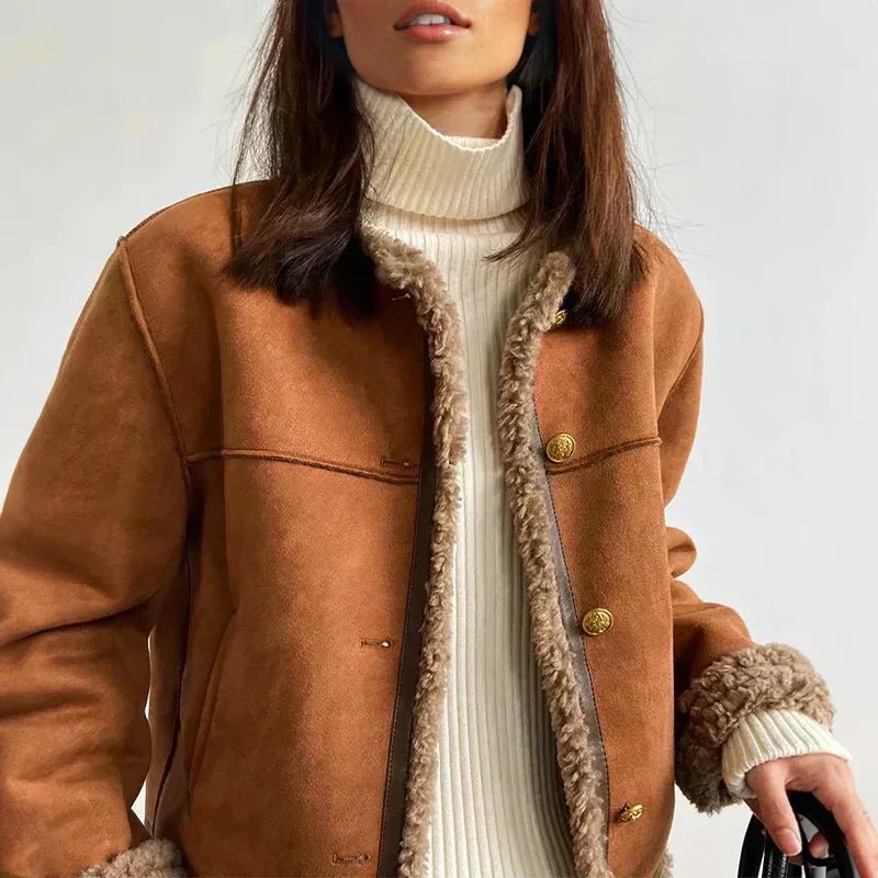 Damen Oversized Kunstschaffell-Jacke mit Knopfleiste Sherpa-Futter
