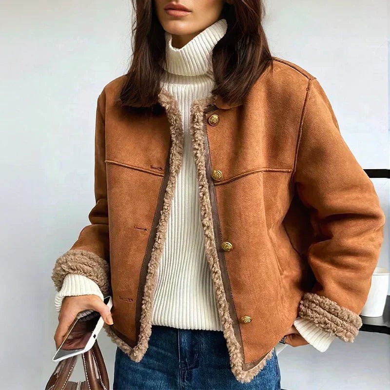 Damen Oversized Kunstschaffell-Jacke mit Knopfleiste Sherpa-Futter - Brown