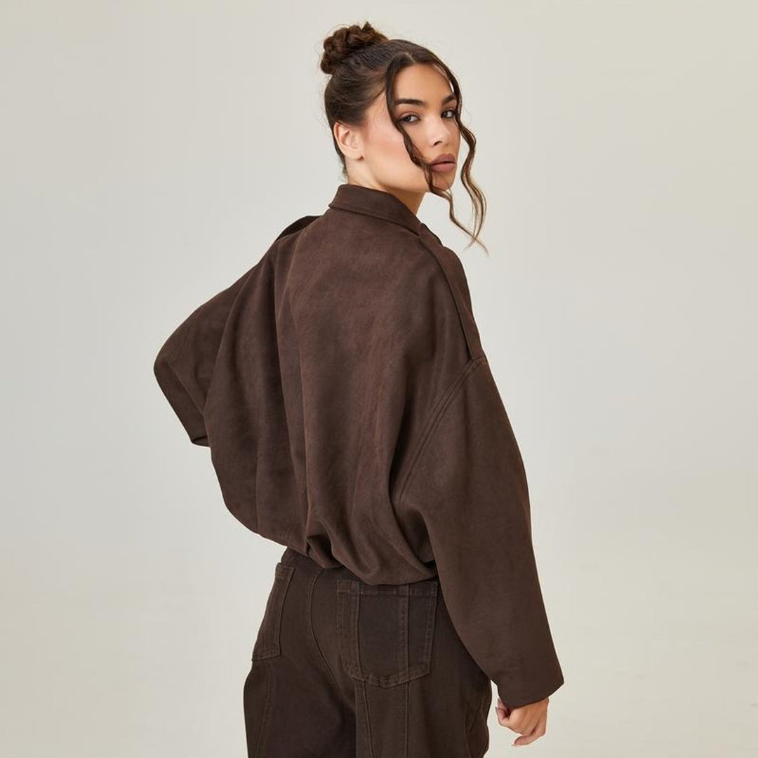 Damen Oversized Kurzgeschnittene Kunstwildleder Bomberjacke