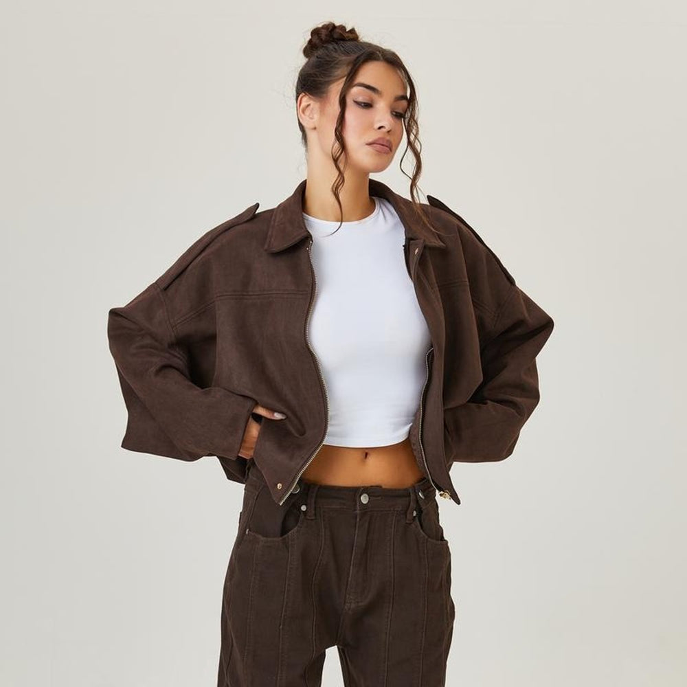 Damen Oversized Kurzgeschnittene Kunstwildleder Bomberjacke - Braun