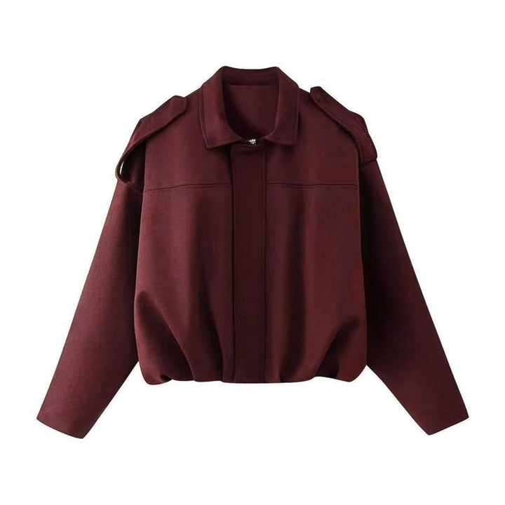 Damen Oversized Kurzgeschnittene Kunstwildleder Bomberjacke - Burgunderrot
