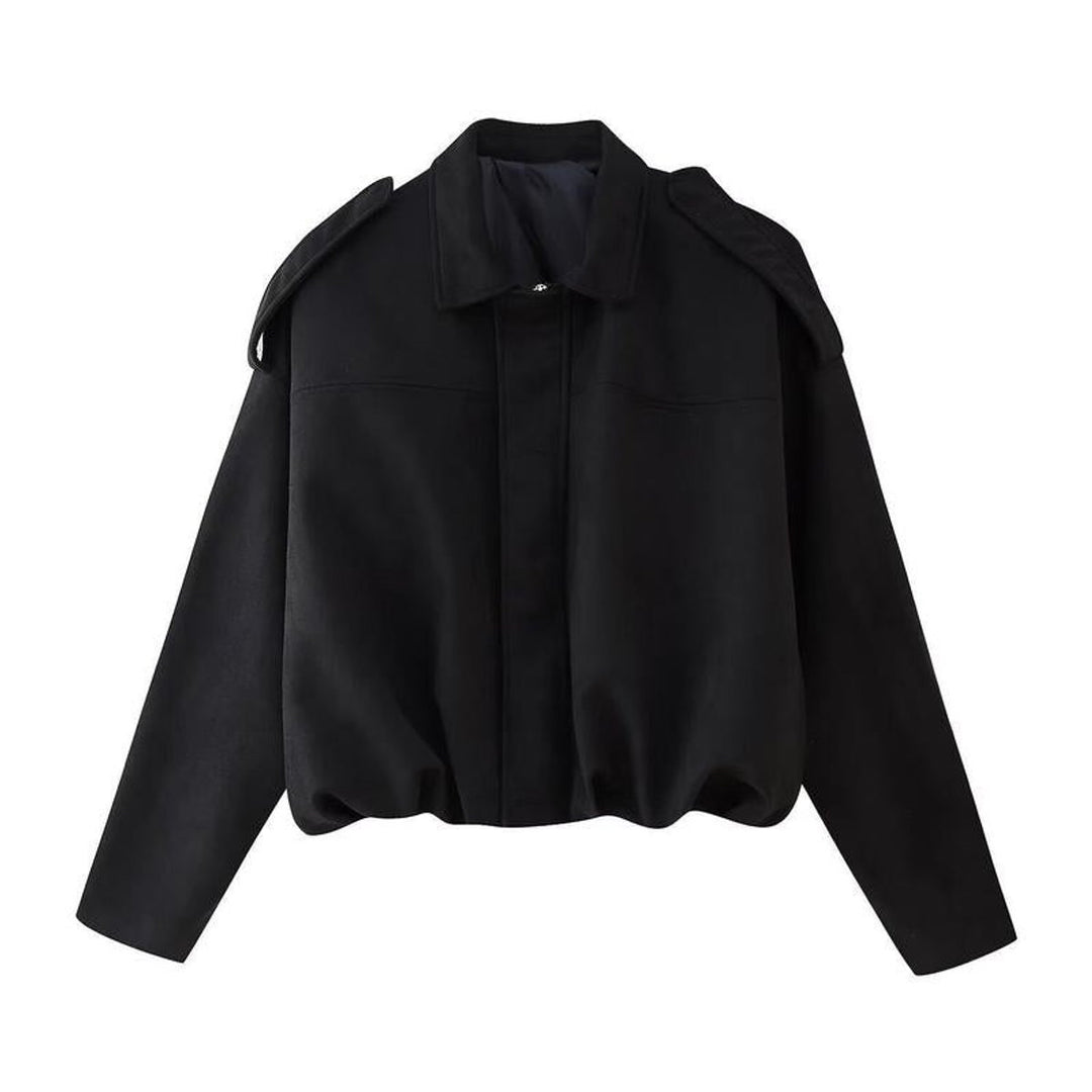 Damen Oversized Kurzgeschnittene Kunstwildleder Bomberjacke - Schwarz