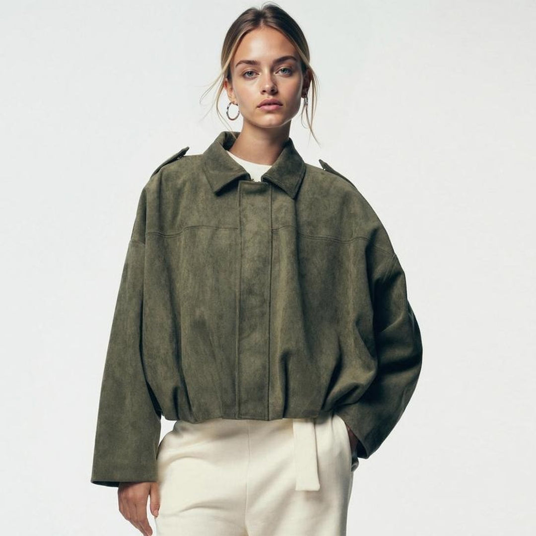 Damen Oversized Kurzgeschnittene Kunstwildleder Bomberjacke - Olivgrün