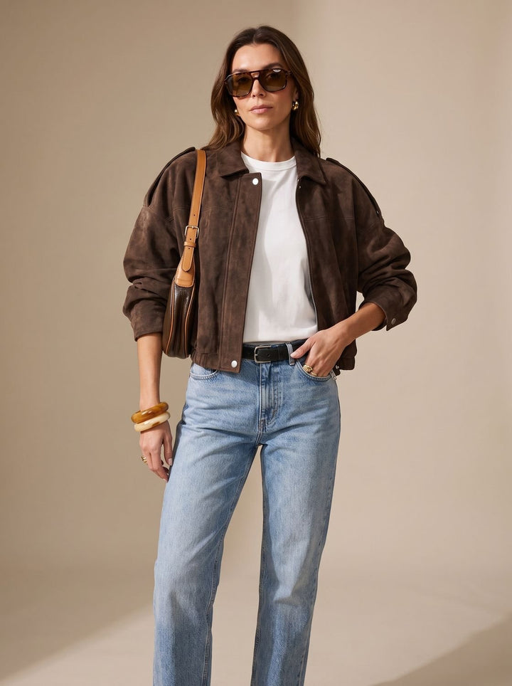 Damen Oversized Kurzjacke mit Reißverschluss und Metallknöpfen - Braun