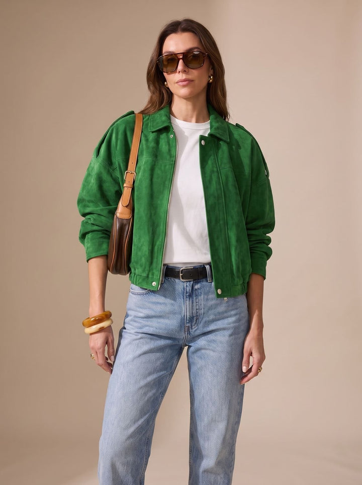 Damen Oversized Kurzjacke mit Reißverschluss und Metallknöpfen - Grün