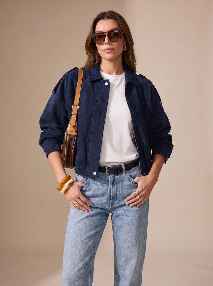Damen Oversized Kurzjacke mit Reißverschluss und Metallknöpfen - Schwarz