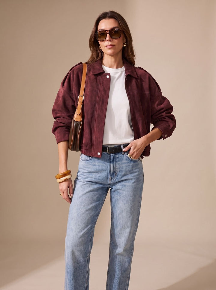 Damen Oversized Kurzjacke mit Reißverschluss und Metallknöpfen - Dunkelrot