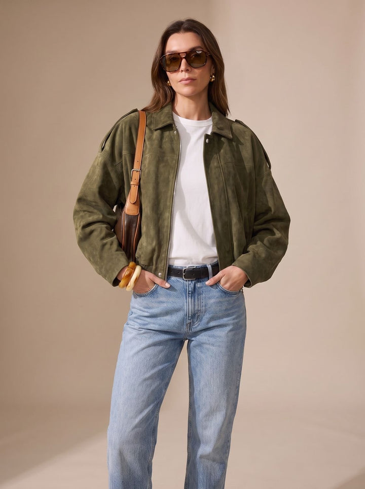 Damen Oversized Kurzjacke mit Reißverschluss und Metallknöpfen - Olivgrün