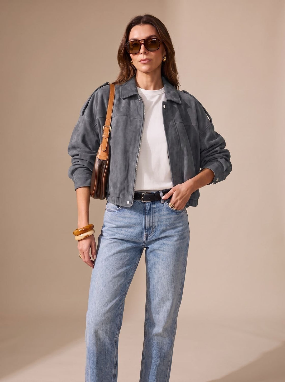 Damen Oversized Kurzjacke mit Reißverschluss und Metallknöpfen - Grau