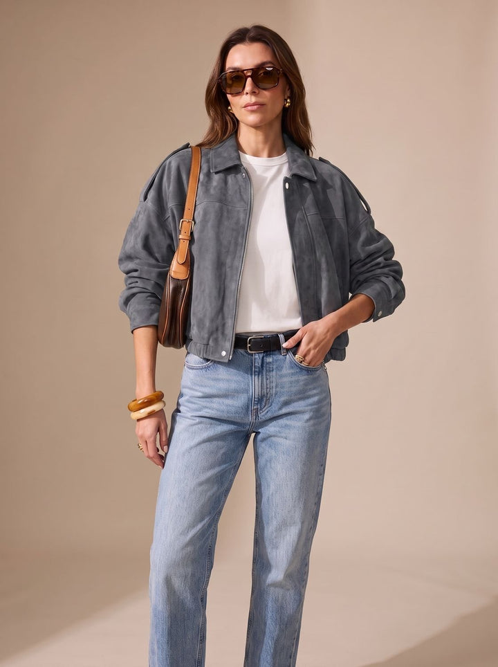 Damen Oversized Kurzjacke mit Reißverschluss und Metallknöpfen - Grau