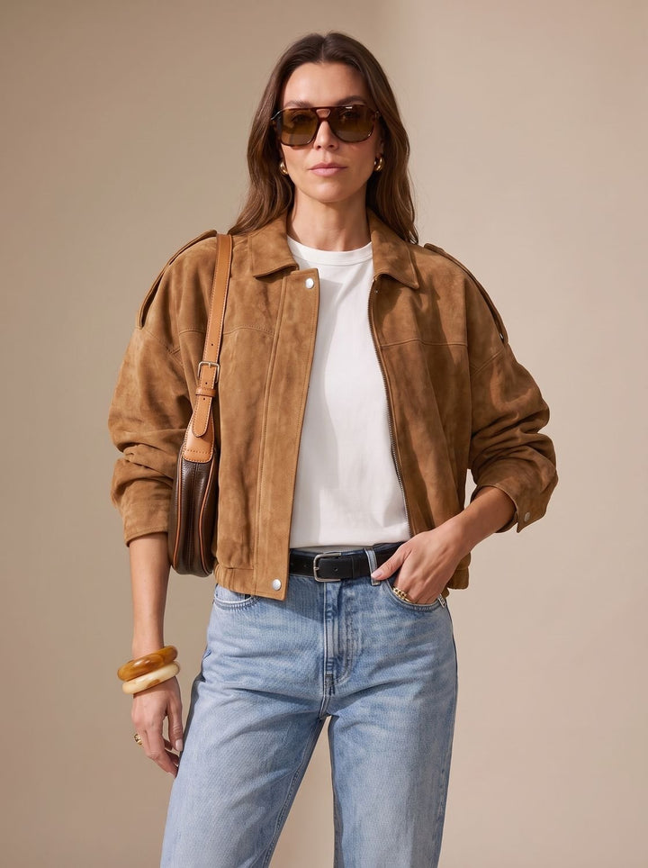 Damen Oversized Kurzjacke mit Reißverschluss und Metallknöpfen - Camel