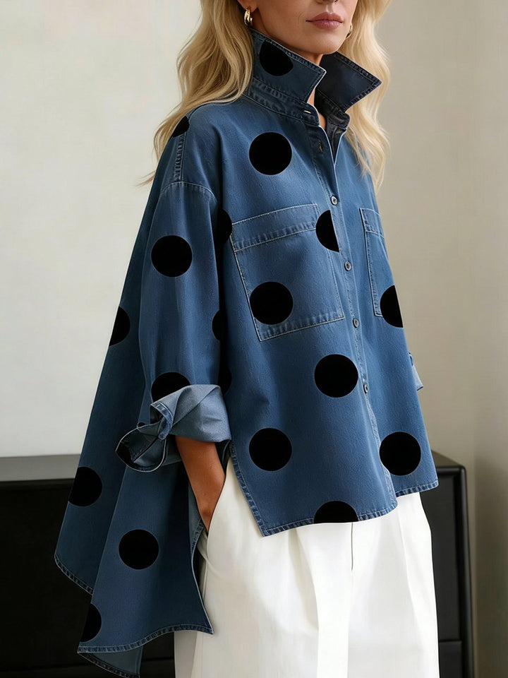 Damen Oversized Langarm Polka-Dot Hemdbluse - Blue