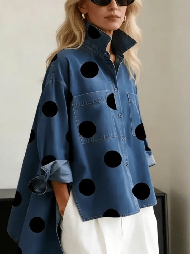 Damen Oversized Langarm Polka-Dot Hemdbluse