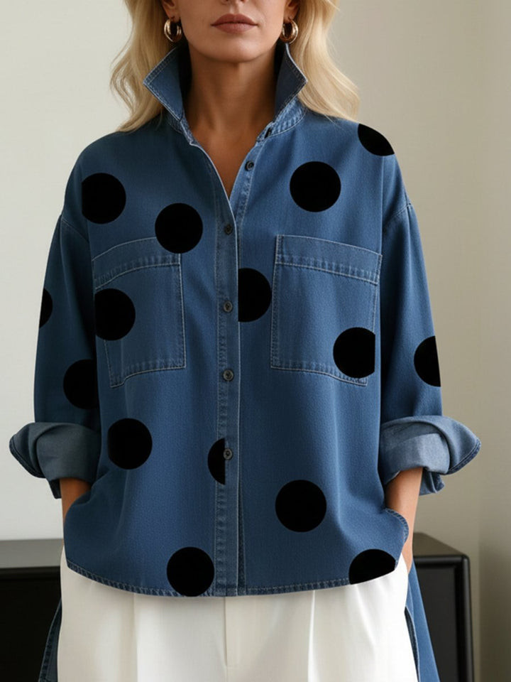 Damen Oversized Langarm Polka-Dot Hemdbluse