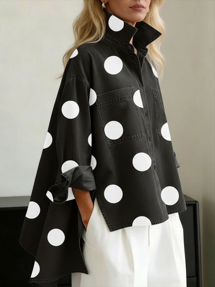 Damen Oversized Langarm Polka-Dot Hemdbluse - Black