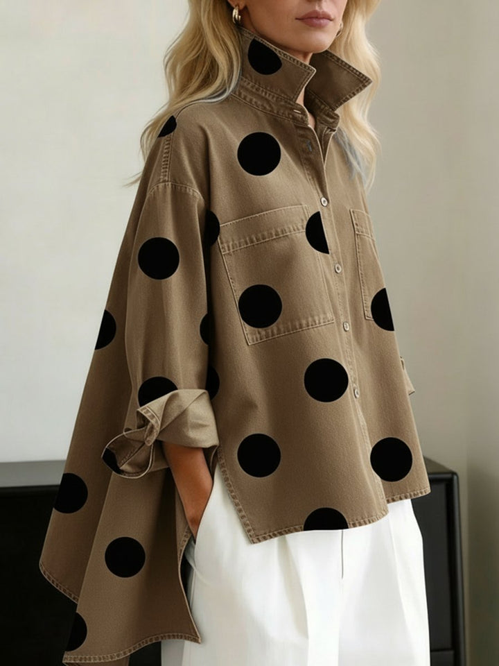 Damen Oversized Langarm Polka-Dot Hemdbluse - Khaki