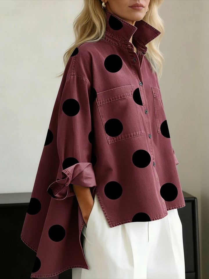 Damen Oversized Langarm Polka-Dot Hemdbluse - Red