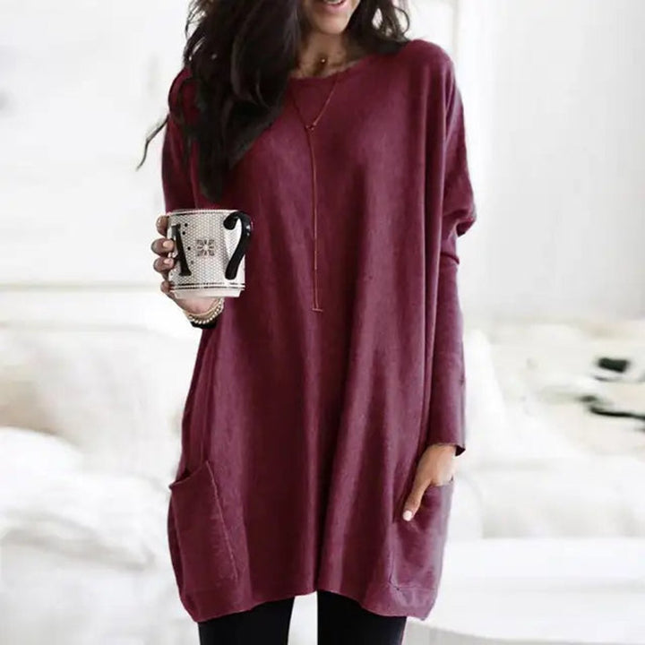 Damen Oversized Langarm-Tunika Pullover mit Taschen