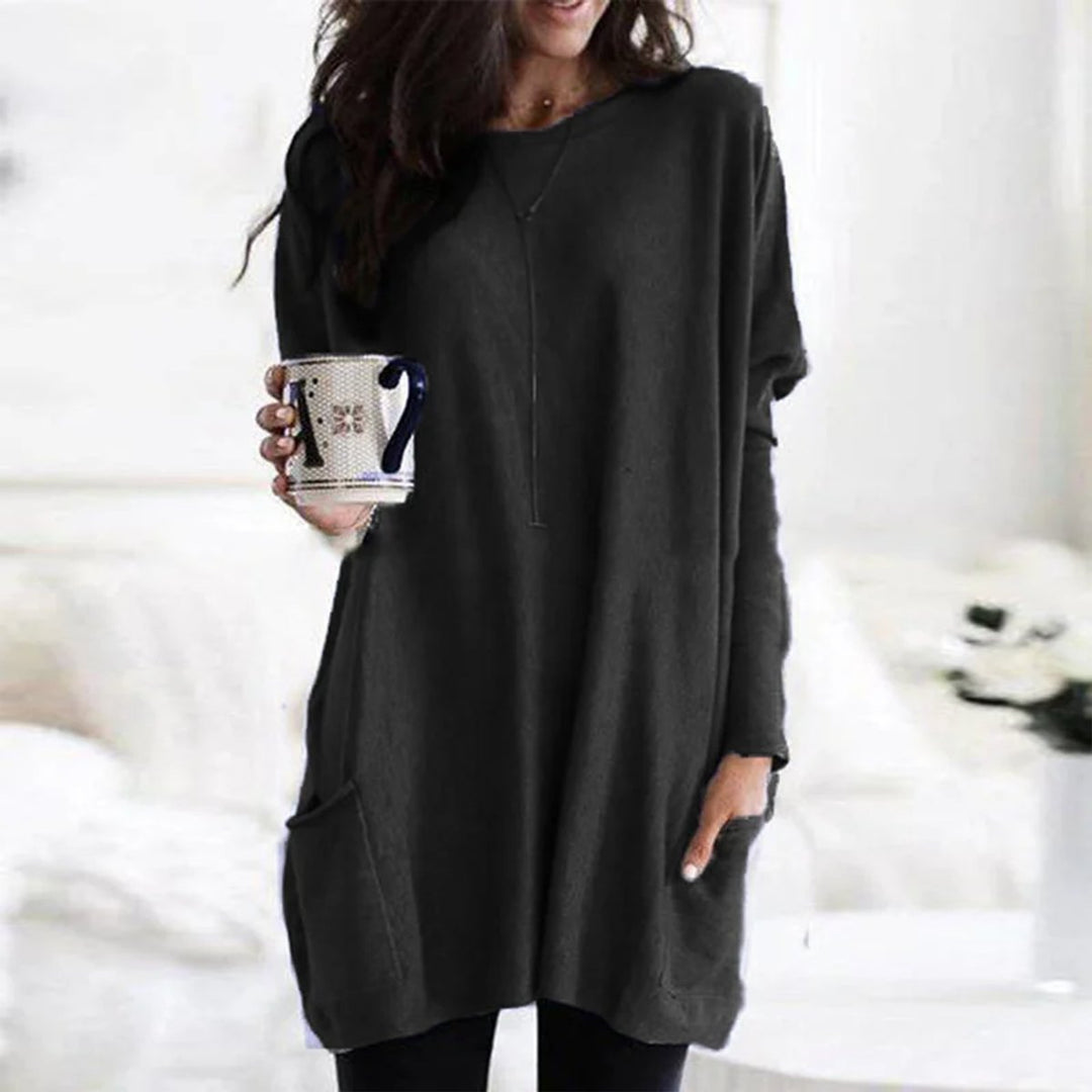 Damen Oversized Langarm-Tunika Pullover mit Taschen - Schwarz