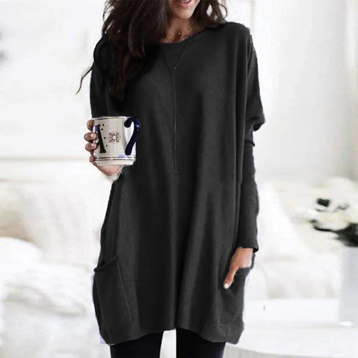 Damen Oversized Langarm-Tunika Pullover mit Taschen - Schwarz