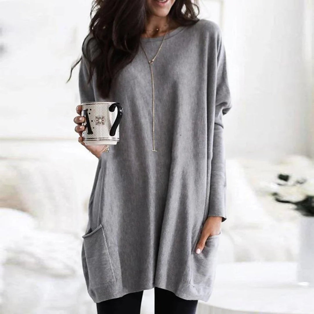 Damen Oversized Langarm-Tunika Pullover mit Taschen - Grau