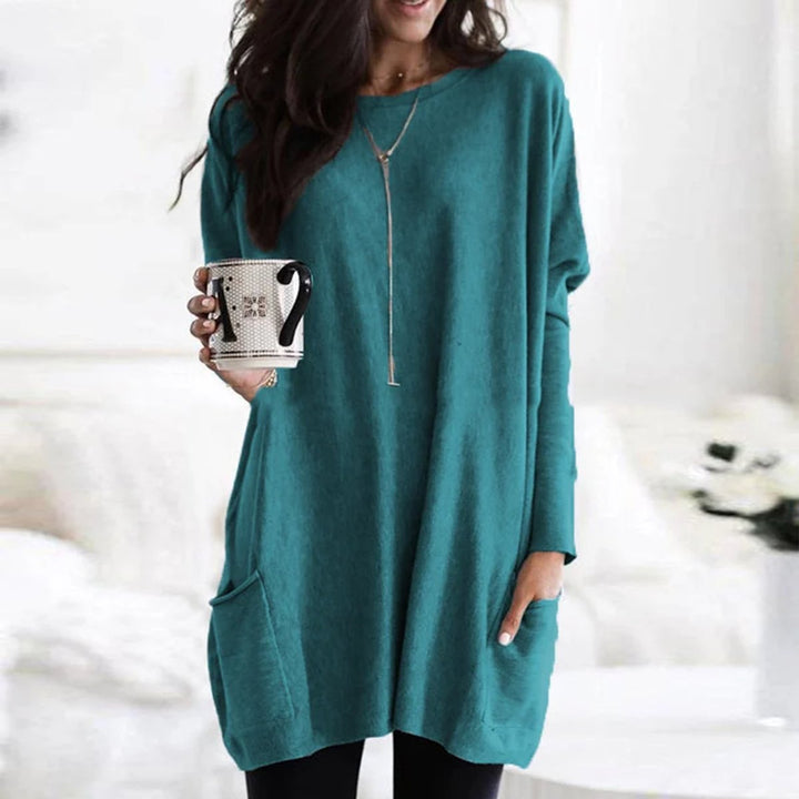 Damen Oversized Langarm-Tunika Pullover mit Taschen - Türkis