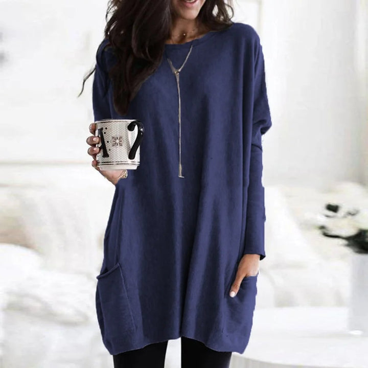 Damen Oversized Langarm-Tunika Pullover mit Taschen - Marineblau