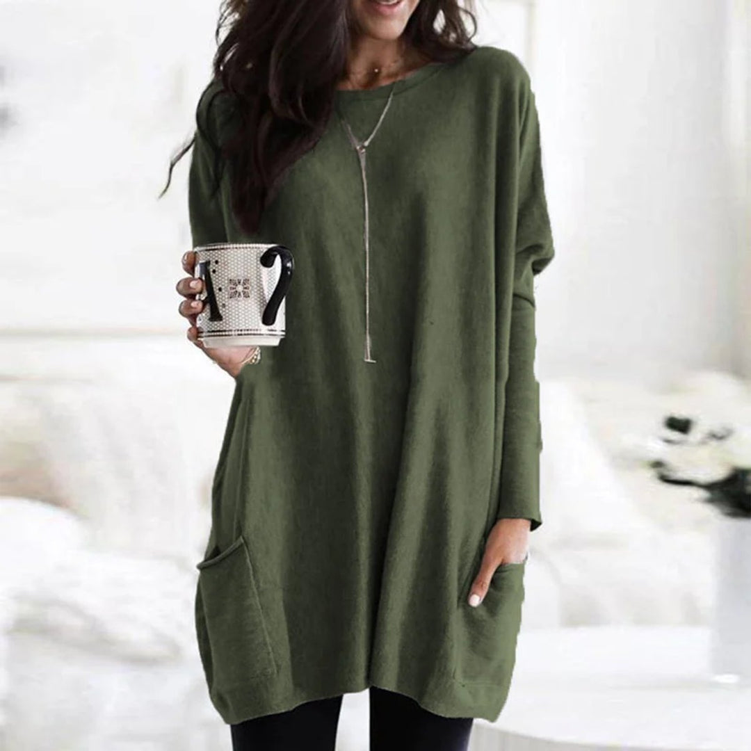 Damen Oversized Langarm-Tunika Pullover mit Taschen - Olivgrün