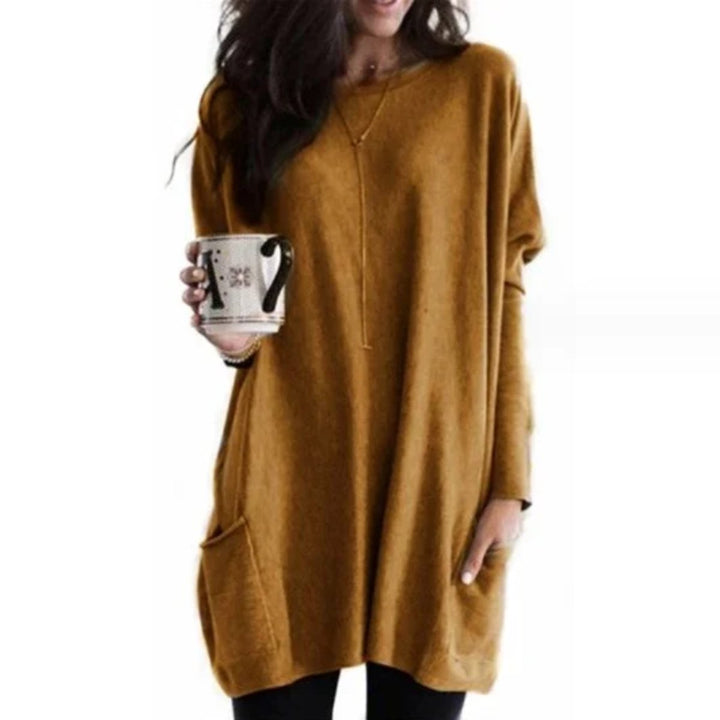 Damen Oversized Langarm-Tunika Pullover mit Taschen - Braun
