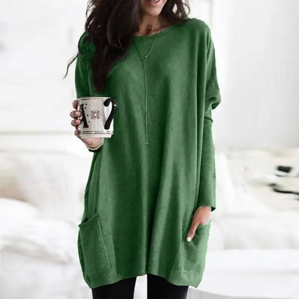 Damen Oversized Langarm-Tunika Pullover mit Taschen
