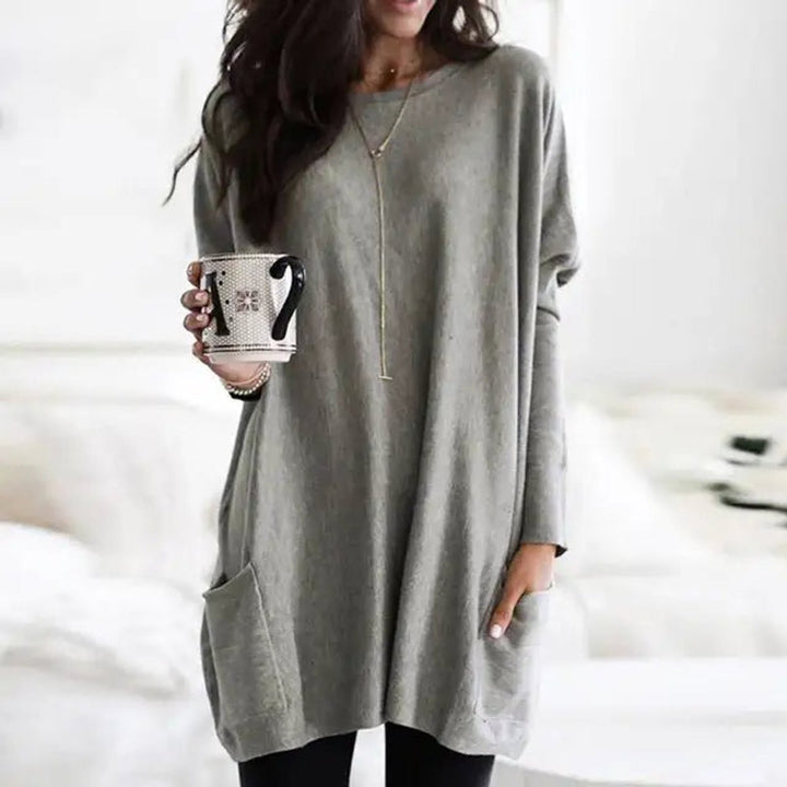 Damen Oversized Langarm-Tunika Pullover mit Taschen