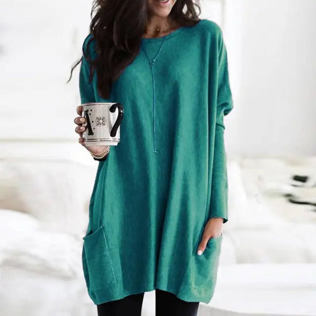 Damen Oversized Langarm-Tunika Pullover mit Taschen
