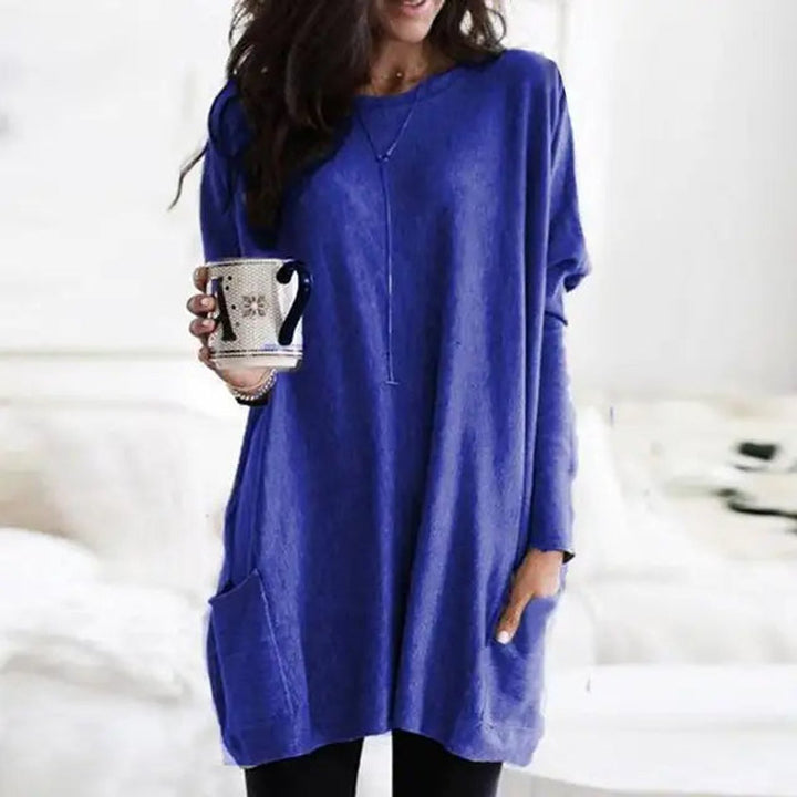 Damen Oversized Langarm-Tunika Pullover mit Taschen